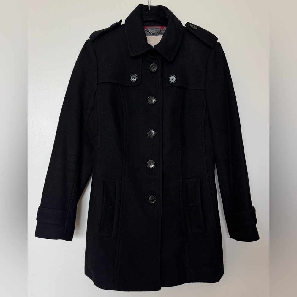 Banana Republic Black Wool-Blend Pea Coat with Epaulets